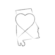 Alabama US State Hand Drawn Pencil Sketch Outline Map With Heart Shape. Continuous Line Drawing Of Patriotic Home Sign. A Love For A Small Homeland. T-shirt Print Idea. Vector Illustration.