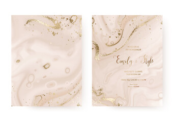 Wall Mural - Holiday wedding invitation templates with gold border waves and marble mineral texture.