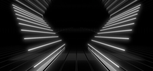 A dark tunnel lit by white neon lights. Reflections on the floor and walls. 3d rendering image.