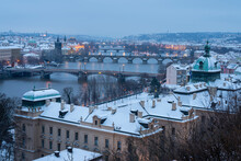 Bridges Over Vltava River At Dusk Seen From Letna Park In Winter, Prague, Czech Republic