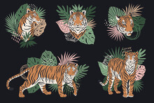 Set Of Silhouette Tiger Illustrations With Palm Leaves. Collection Of Symbols 2022. Chinese Zodiac Symbols Of Modern Style And Trendy Colors. Vector Tigers For Greeting Cards And Happy New Year