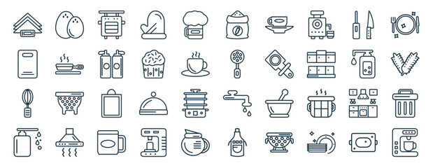 set of 40 flat kitchen web icons in line style such as eggs, chopping board, beater, liquid soap, soap dispenser, dinner, flour icons for report, presentation, diagram, web design