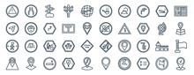 Set Of 40 Flat Maps And Flags Web Icons In Line Style Such As Narrow Two Lanes, Navigate, Crossing Zone, Map Localization, Earth Gobe, Flags, No Smoking Pipe Icons For Report, Presentation, Diagram,