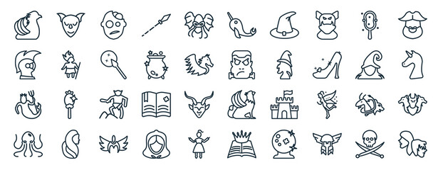 Wall Mural - set of 40 flat fairy tale web icons in line style such as goblin, knight, merman, kraken, wicked, pi