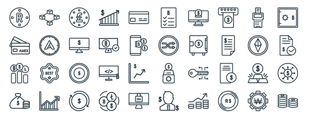 set of 40 flat economyandfinance web icons in line style such as blockchain, , stocks, as, safe box, crypto records icons for report, presentation, diagram, web
