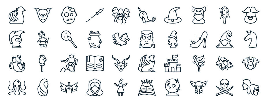 set of 40 flat fairy tale web icons in line style such as goblin, knight, merman, kraken, wicked, pirate, narwhal icons for report, presentation, diagram, web design