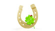 Horseshoe with lucky clover on white background. 3d illustration