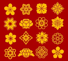 Poster - Asian floral chinese, japanese, korean flower patterns. Vector oriental red background with yellow or gold flowers. Decorative ornament for textile or wallpaper, mandala blossoms, asian art