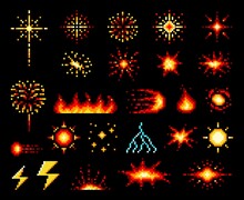 8 Bit Pixel Fire Flames, Explosion Fireballs And Burst With Blasts Or Lightning And Fire Flash Vector Icons. 8bit Pixel Art Game Asset And GUI Elements For Arcade Or Bomb Shooter Fight
