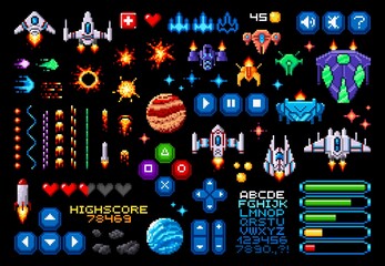 8bit pixel art game asset of space planets, rockets and starcraft, vector font and pixelated game buttons. 8 bit pixel game navigation buttons, power bars, spaceship and asteroids, stars, explosions