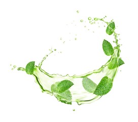 Wall Mural - Green herbal tea swirl splash with mint leaves and drops. Menthol, peppermint or matcha realistic vector drink swirl or ripple wave with bubbles and falling splatters, isolated on white