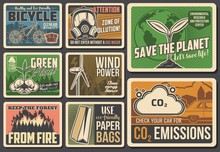 Ecological Retro Vector Posters. Eco Friendly Bicycle, Zone Of Pollution Attention, Environmental Research And Save The Planet Protection. Wind Power, Keep Forest From Fire Warning, Gas Emission Cards