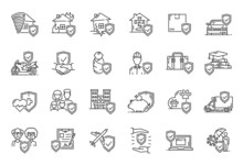 Insurance Outline Vector Icons. Health, Safety, Business And Ambulance, Travel, Transportation And Disaster Protection. Linear Car, House, Money And People, Heart And Plane With Umbrellas And Shields