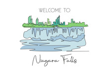 One Continuous Line Drawing Niagara Falls Skyline, Canada. Beautiful Nature Landmark Postcard Art. World Landscape Tourism Travel Vacation. Editable Stroke Single Line Draw Design Vector Illustration
