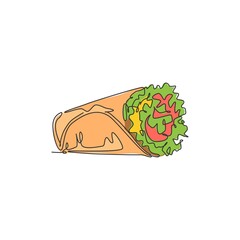 Wall Mural - Single continuous line drawing of stylized Mexican burritos shop logo label. Emblem taco fast food restaurant concept. Modern one line draw design vector illustration for cafe or food delivery service