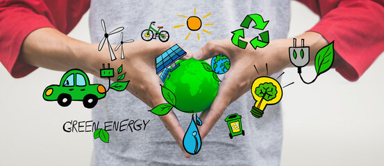 Wall Mural - Green energy concept. Green globe in hand with sustainable environment icon