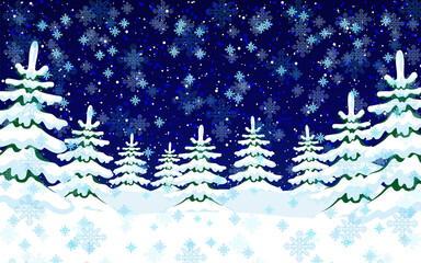 Wall Mural - Illustration of winter nature with snow covered trees in the snow.