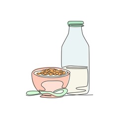 Wall Mural - One continuous line drawing fresh delicious bowl of cereal breakfast and a bottle of milk. Healthy breakfast template concept. Modern single line draw design natural food graphic vector illustration