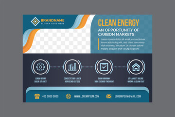 Vector abstract horizontal banner with dark blue modern futuristic hi-tech background. clean energy of carbon market flyer design template with rectangle photo space. 