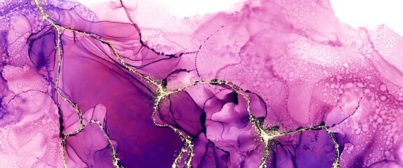 Wall Mural - purple abstract background with golden paths accent, modern watercolour painting made with alcohol i