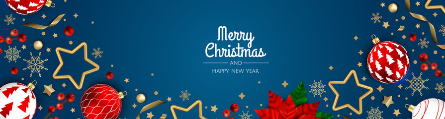 Wall Mural - Christmas banner. Background Xmas objects viewed from above. BackgroundMerry Christmas and happy New Year