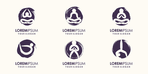 Wall Mural - Abstract yoga people combined brush logo design. Gym, fitness, running trainer vector logo. Active Fitness, sport, dance web icon and symbol