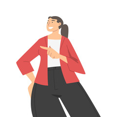 Sticker - Woman Character in Formal Suit Standing and Smiling Pointing Finger Perspective View Vector Illustration