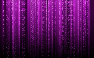 Technology Binary abstract background, matrix style, purple color, falling numbers. Digital binary data flow dust on screen. Programming concept, secure data, hacking, piracy, technology, internet
