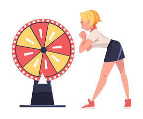 Canvas Print - Woman Standing Near Roulette Wheel Waiting for Luck Vector Illustration