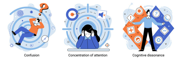 Attention concentration, cognitive dissonance, confusion color icon. Concept of concentration exercise, productive goal setting, mind focus and mindfulness. Mental state abstract concept vector