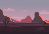 Fototapeta Pokój dzieciecy - Desert with mountains at sunrise illustration. Purple dunes with brown stones pink skies and thorny plants natural panorama of sahara arid desert without oasis. Vector cartoon outdoor.