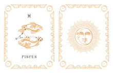Pisces Zodiac Symbol And Constellation, Old Card.