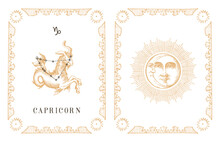 Capricorn Zodiac Symbol On Old Horoscope Card.