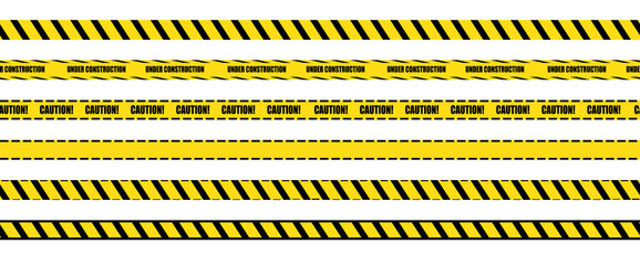 Set of Warning Tapes, Seamless Stripes, Black and Yellow Bright Lines, Borders Isolated.