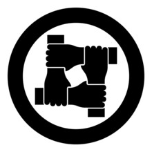 Four Hands Together Concept Teamwork United Teamleading Arm Interlocking With Each Other On Wrist Jointly Collaboration Icon In Circle Round Black Color Vector Illustration Image Solid Outline Style