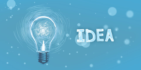 Wall Mural - Glowing light bulb on blue background with text. Idea, innovation and success concept. 3D Rendering.