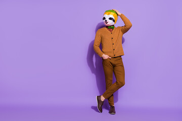 Canvas Print - Full length portrait of cool confident red panda head person hand on head isolated on violet color background