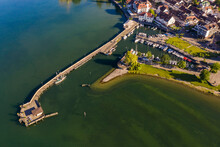 Germany, Baden-Wurttemberg, Langenargen, Aerial View Of Town Pier And Marina On Shore Of Lake Constance