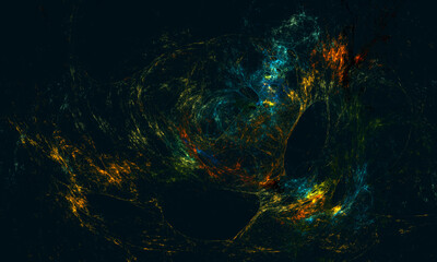 Wall Mural - Artistic 3d illustration of colorful blue orange yellow membrane, fibers or substances in deep dark space. Glowing lightnings in black matter. Great as design element, background, print or wallpaper.