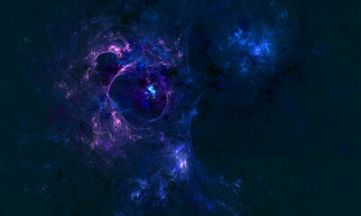 Wall Mural - Fantastic far space with planets, clusters of stars, lightning of electricity, nebula and black holes in violet blue glowing colors. Artistic digital 3d representation of astrological aspect of being.