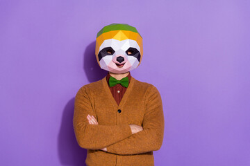 Wall Mural - Photo of young man crossed hands authentic outfit creative red panda isolated over violet color background