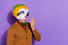 Profile Side Photo Of Young Man Yawning Want Sleep Tired Red Panda Isolated Over Violet Color Background