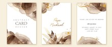 Set Of Elegant Cards In Brown, Beige, Golden Colors. Watercolor Spots, Ink Imitation, Botanical Leaves, Gold Lines