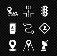 Sticker - Set Folded map with location marker, Road traffic sign, Traffic light, Map pin, Radar, Infographic of city navigation and Route icon. Vector