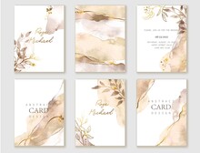 Set Of Elegant Cards In Brown, Beige, Golden Colors. Watercolor Spots, Ink Imitation, Botanical Leaves, Gold Lines