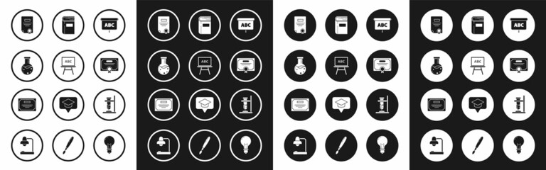 Poster - Set Chalkboard, Test tube and flask chemical laboratory, Certificate template, Book, Glass test on fire and icon. Vector