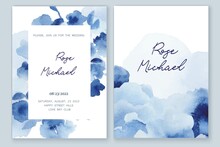 Set Of Elegant, Romantic Wedding Crds, Covers, Invitations With Shades Of Blue Flowers. Watercolor Blossoms