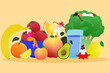 Group of people surrounded by fruits and vegetables