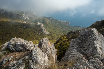 Wall Mural - View from the mountain to Foros village and a beautiful church on the edge of the cliff