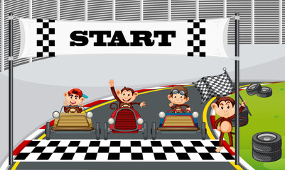 Wall Mural - Race track scene with monkey racing drivers